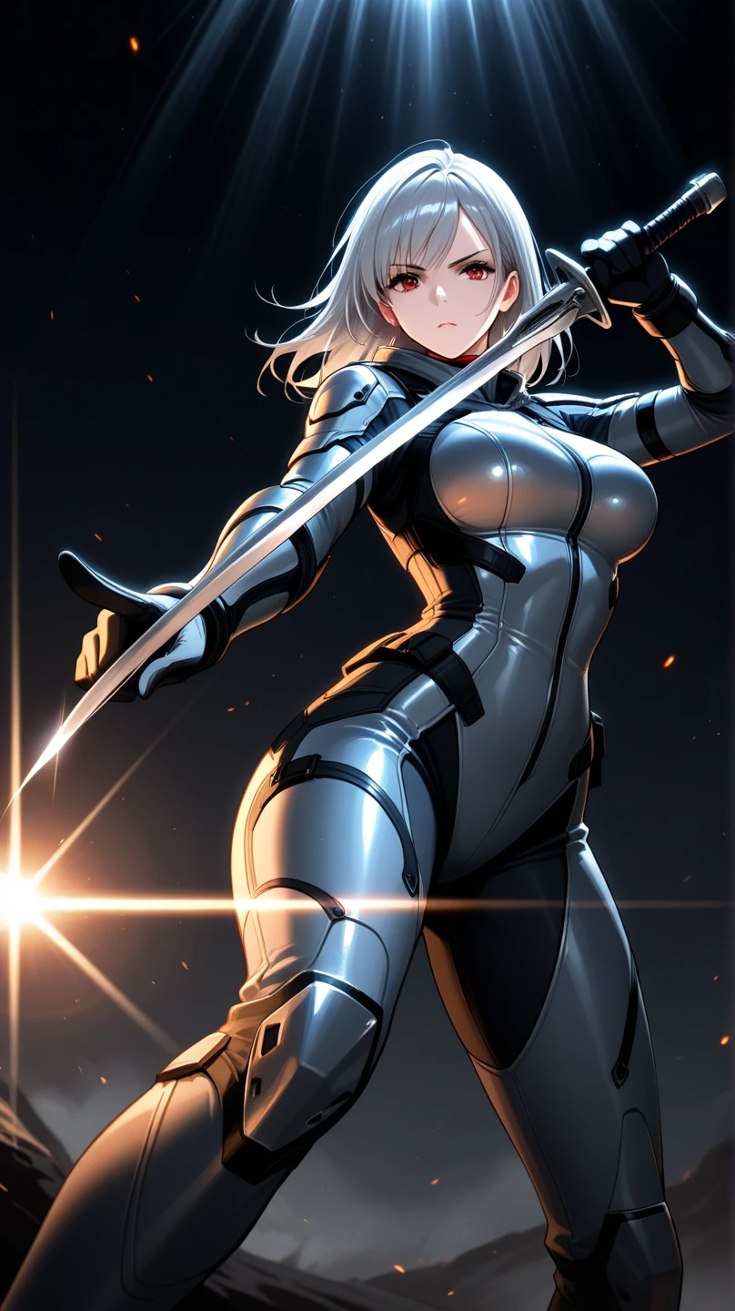 Eastern female warrior in silver-red combat suit made of vibranium stands in a fighting stance and holds a sword pointing the blade at the viewer, in the background there is a dark space with rays of light, detail, high quality, cinematic lighting