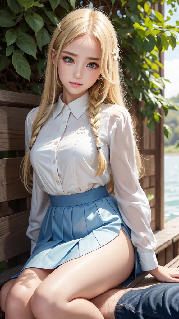 girl, , idol girl, very young, cutie, very skinny, anorexia, harmful, charming, Darling, bright blonde with pink hair, Informal, very long wavy hair, bright makeup, White wet transparent mini blouse, Cleavage, White miniskirt, tights, rectangular frame glasses, bright red lipstick, goth makeup, wet clothes, full length photo, ahegao, orgasm, skirt lift, masturbation, crotch cumdrip, bukkake, cumdrip, white tights, eyeliner, eye shadow, masturbating, allure, pissing herself, chocker, pissing stream, pissing through panties, tiny chest, Slim waist, small ass, slim fit girl, (long curly disheveled blond hair:1.4), shy smile, fox ears, short tight blue pleated skirt, bangs, tight white shirt, short sleeves, collared shirt