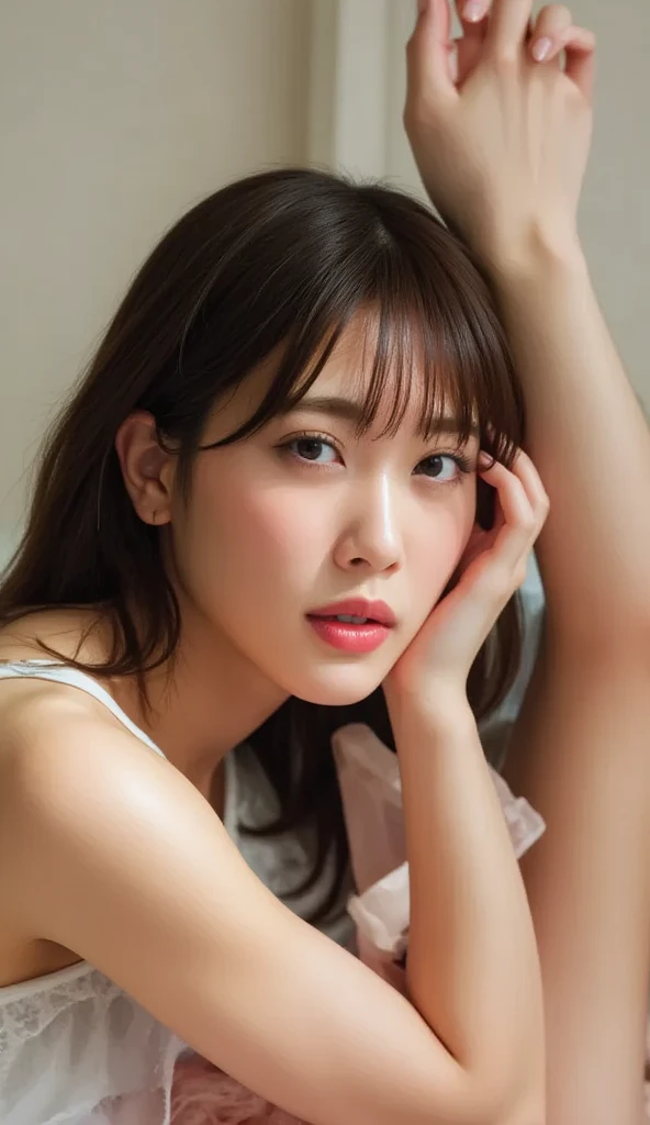 a close up of a woman laying in bed with a pink bra, japanese model, young sensual gravure idol, young pretty gravure idol, realistic young gravure idol, realistic sensual gravure idol, young gravure idol, sophisticated gravure idol, Yoshitomo Nara, young skinny gravure idol, beautiful asian girl, oppai