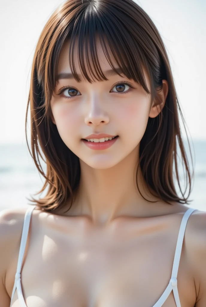top-quality、top-quality、realisitic、Unity、8k wallpaper、Official art、Highly detailed CG Unity 8k wallpaper、ultra-detailliert、hight resolution、Physically-based rendering、ultra-detailliert,magnifica, finely detail,1girl in、(Smile Face:1.2)、Slim Face、Pretty Lady、hyperdetailed face、Detailed eye、double eyelid、Kamimei、(glistning skin)、(sun-kissed skin)、(real looking skin)、View、Blurred background、(Colossal tits)、(Chest to head)、frontage、Slim Face、the beach、profetional lighting、Lighting the face、best light,(Adult Bikini)、(Phalaenopsis Shinobu)、Smile、shorth hair,((from the thighs up))