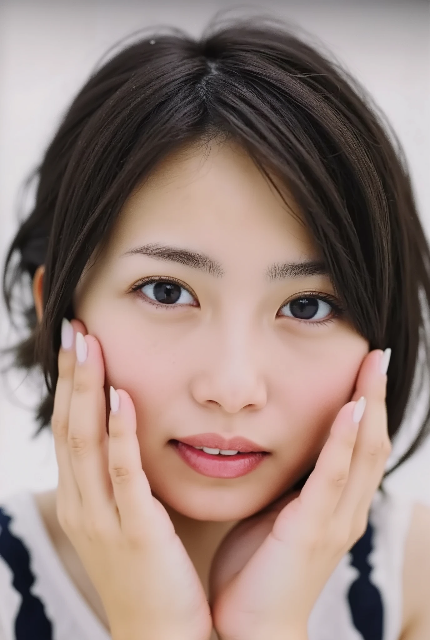 extreme close-up portrait, beautiful girl with her love-struck, radiant face filling the entire frame (95% face ratio), gently placing both open hands on her flushed cheeks with soft fingers, soft black camisole, white blurred background, eyes dreamy and half-lidded, deeply adoring gaze fixed straight at the viewer, irises ultra-detailed with intricate rainbow reflections and glowing catchlights, moist and sparkling eyes as if about to tear up from overwhelming joy, soft melting smile revealing slightly parted lips and upper teeth, skin with visible soft pores, realistic skin texture with warm lighting and subtle shadows, delicate eyelashes, glossy lips with natural highlights, cheeks glowing with deep blush, cinematic soft lighting, lifelike expression full of romantic euphoria, overflowing with happiness, warmth, and pure affection, subtly tilting her head as if whispering a name in total bliss, ultra photorealistic, masterpiece, 8K, hyperreal detail, skin pores, detailed iris texture, cinematic mood