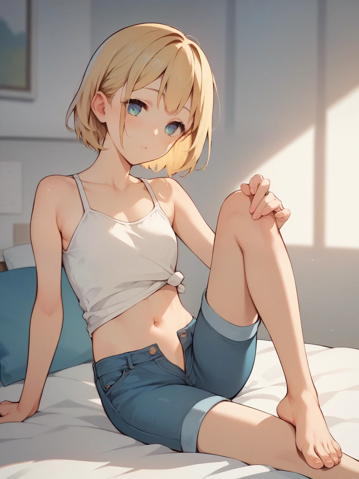 score_9, score_8_up, score_7_up, score_6_up, score_5_up, score_4_up, anime,nsfw, uncensored,anime girl,correct anatomy,young ,Petite,Baby Face, shape,skinny,( thin hands and feet:1.2),Blonde girl in low leg short jeans ,