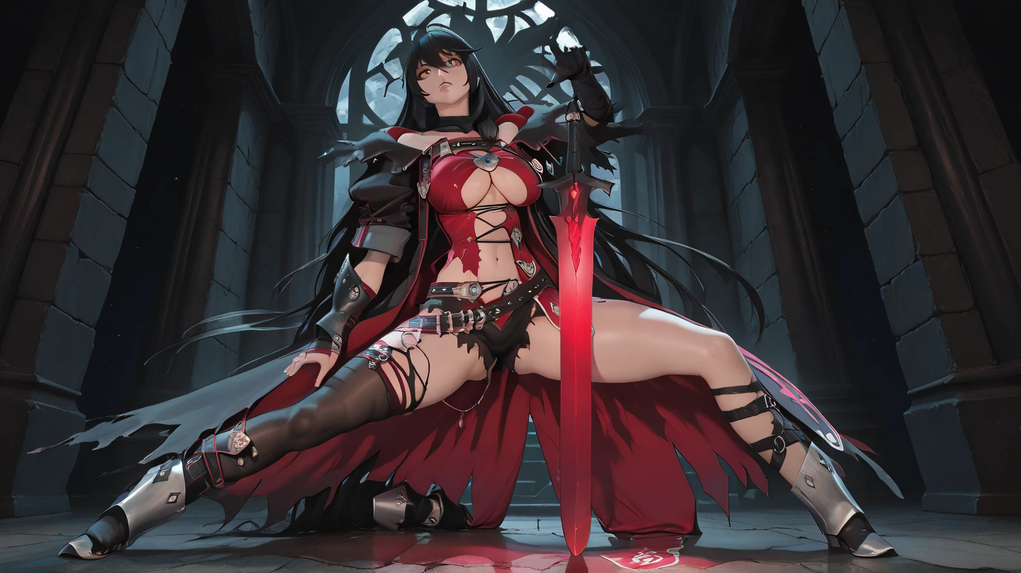 Make a dark elf with long black hair, Eyes red, long black dress, holding knives for angry combat Make her beautiful with beautiful body