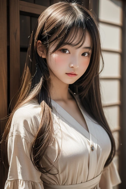 One girl, alone, View Viewer, Blonde long hair, Wearing a corset, Big Ass, Brown eyes, Upper Body, Gray background, Normal boobs, lips, Realistic, A konigsreuter