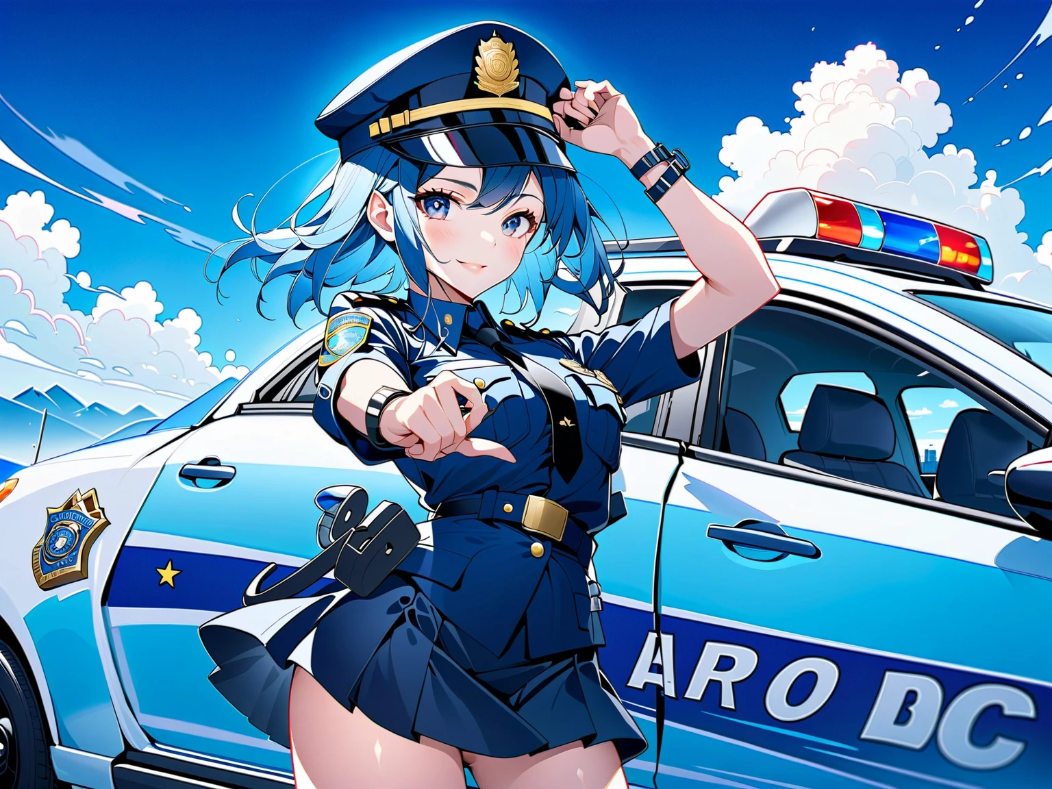 anime big breast,A policewoman,blue long hair,Wearing a police hat,wearing police officer uniform,short skirt,blacksilk,A pistol was pinned to his waist,Blue pupils,By police car,saluting,The ultimate masterpiece