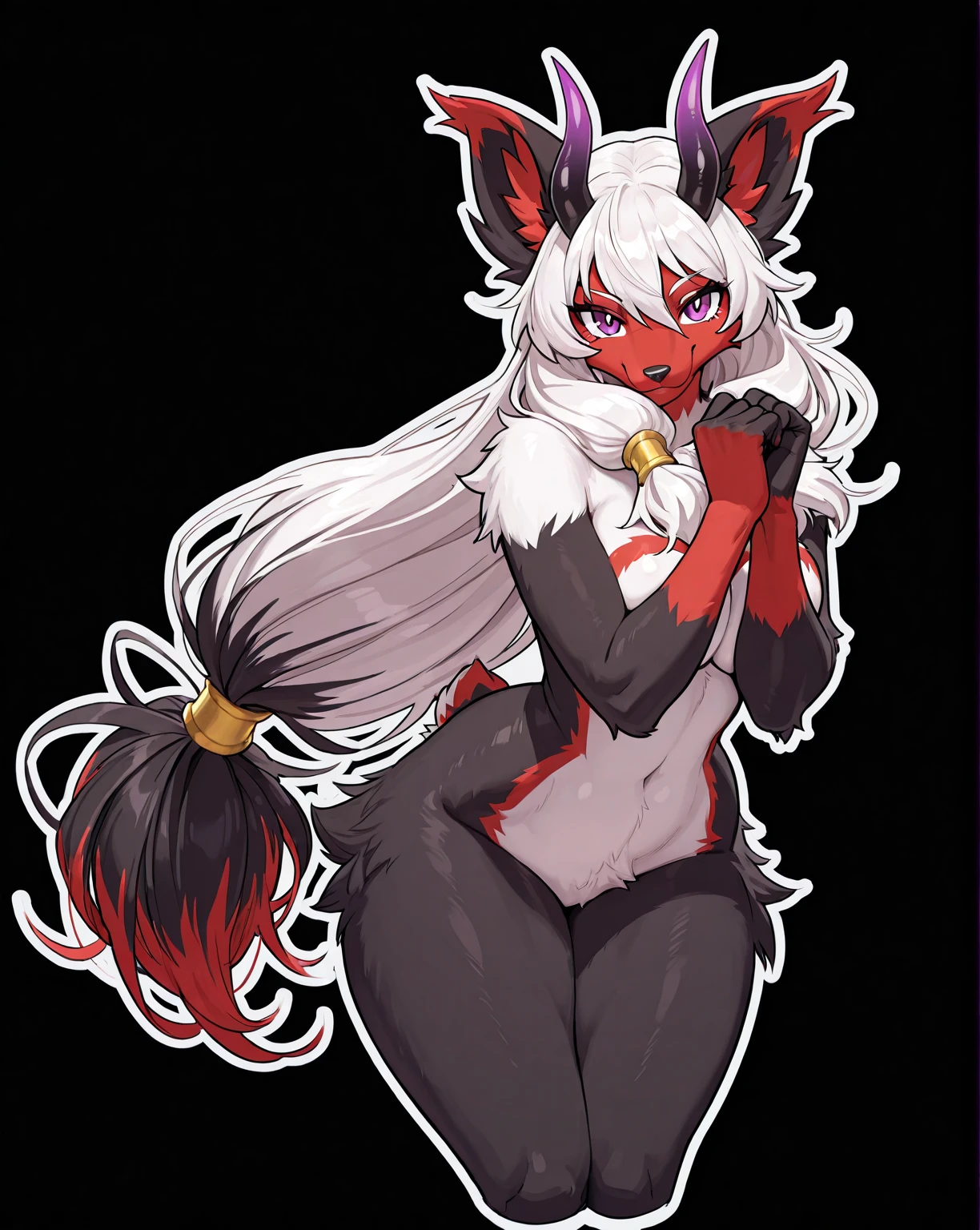 Anime, Female vampire, sucubus, full body, pale white skin, white folded wings, horns, red aura, red eyes, hanya horns, battle god, tatooed thigh, nude top, body runes, tail, strong arms