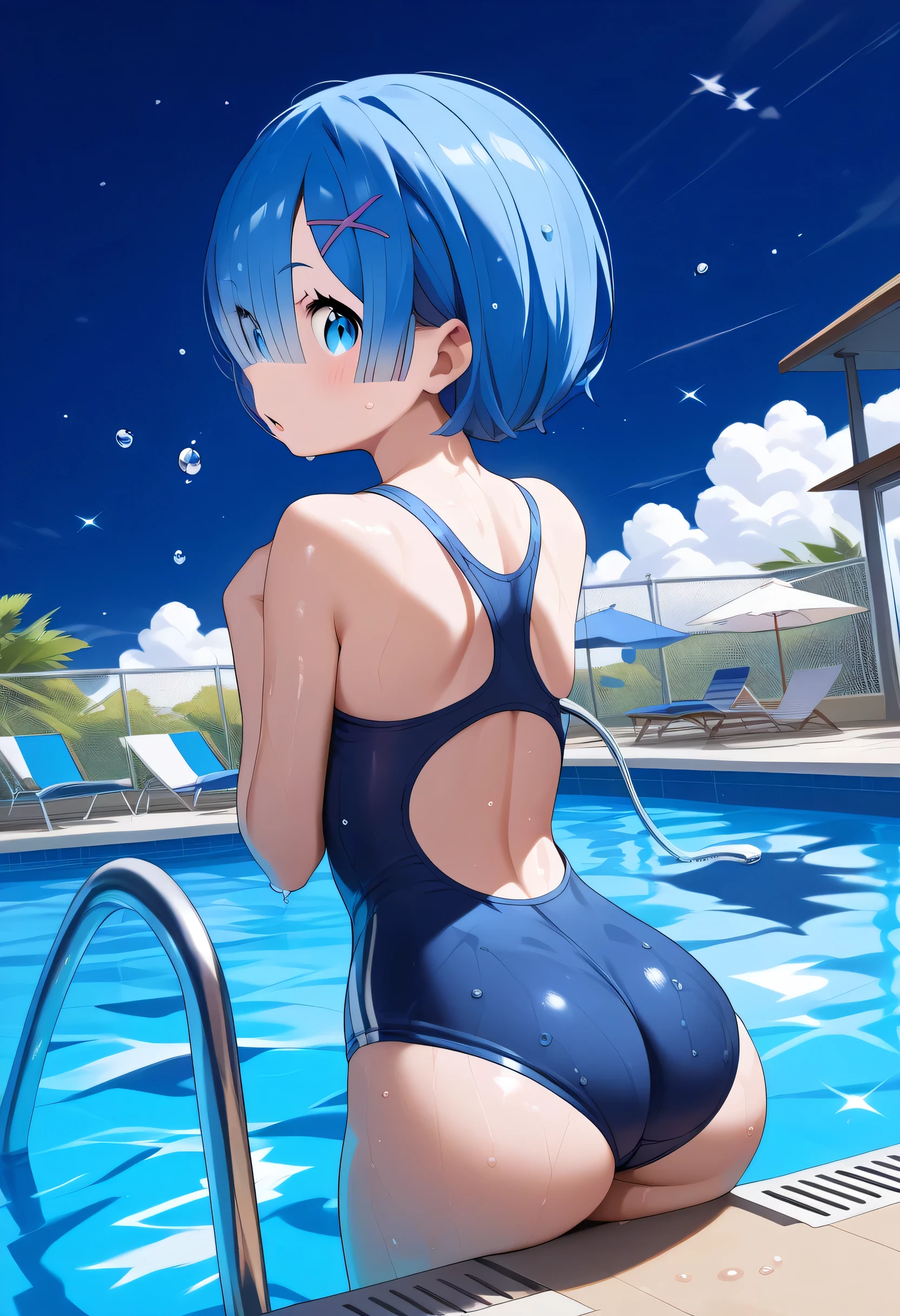 rem, short hair, blue hair, x hair ornament, blue eyes , young ,pool,noon,(((Navy Blue School Swimming Suit))),Highest Quality, masterpiece, super real, 8k、Surprise face,,((Looking Back))(wet) showing ass ,big butt