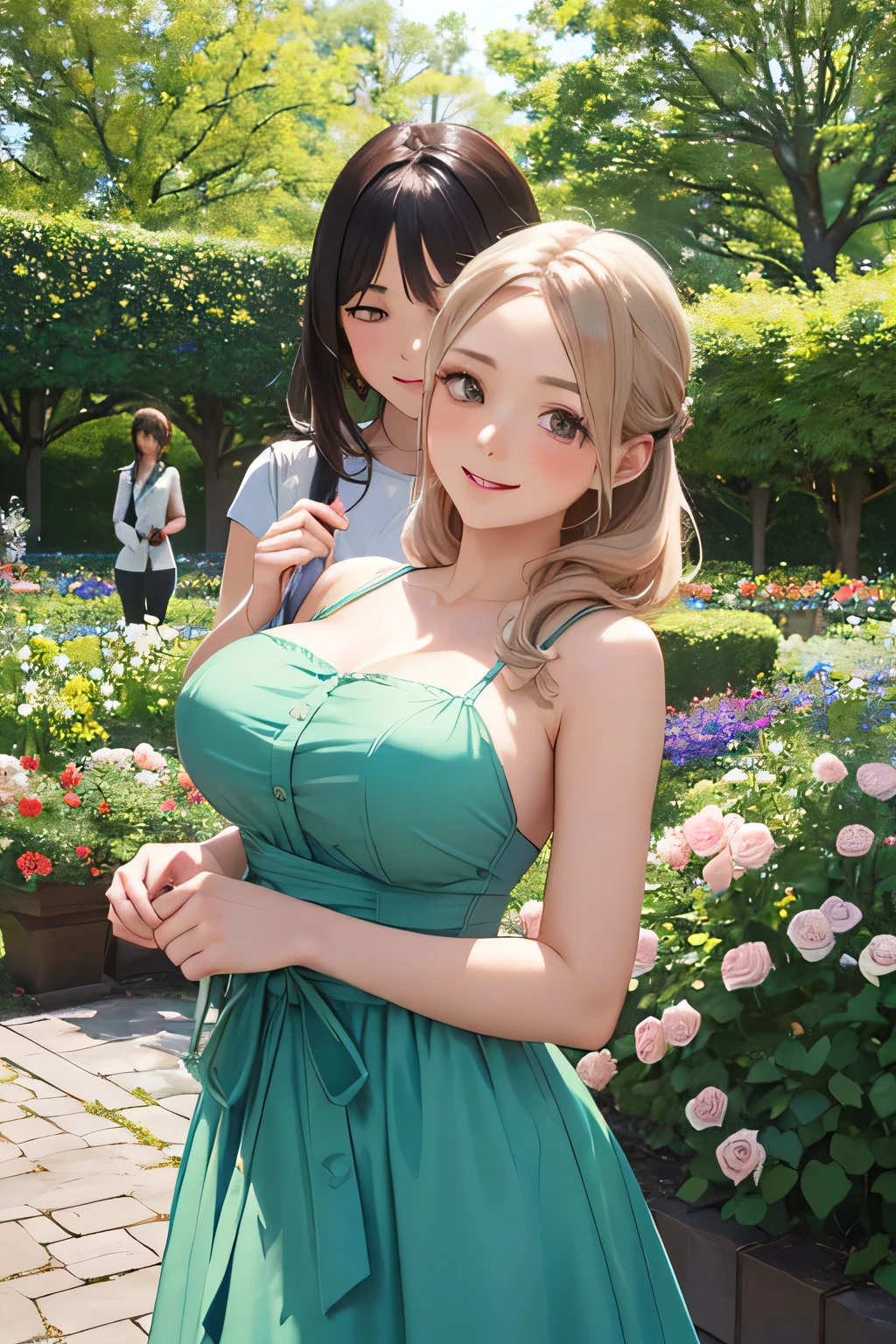 (High quality, High resolution, Fine details), Two Women, Sisters, lovely garden, greenery, floral, summer dresses, colorful, sunlight, soft shadows, warm atmosphere, glowing colors, curvy women, sparkling eyes, (Detailed eyes:1.2), smile, blush, Sweat, Oily skin, Soft tones, shallow depth of field