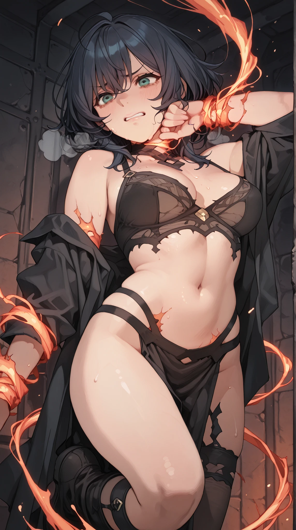 1girl, Goth girl, nude, black lips, glowing red eyes, full body