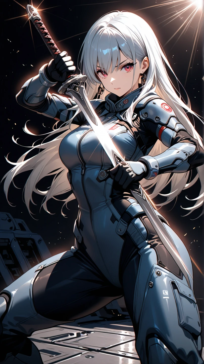 Eastern female warrior in silver-red combat suit made of vibranium stands in a fighting stance and holds a sword pointing the blade at the viewer, in the background there is a dark space with rays of light, detail, high quality, cinematic lighting