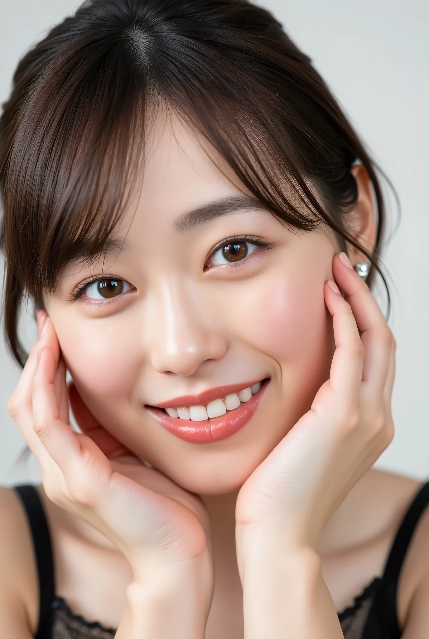 extreme close-up portrait, beautiful girl with her love-struck, radiant face filling the entire frame (95% face ratio), gently placing both open hands on her flushed cheeks with soft fingers, soft black camisole, white blurred background, eyes dreamy and half-lidded, deeply adoring gaze fixed straight at the viewer, irises ultra-detailed with intricate rainbow reflections and glowing catchlights, moist and sparkling eyes as if about to tear up from overwhelming joy, soft melting smile revealing slightly parted lips and upper teeth, skin with visible soft pores, realistic skin texture with warm lighting and subtle shadows, delicate eyelashes, glossy lips with natural highlights, cheeks glowing with deep blush, cinematic soft lighting, lifelike expression full of romantic euphoria, overflowing with happiness, warmth, and pure affection, subtly tilting her head as if whispering a name in total bliss, ultra photorealistic, masterpiece, 8K, hyperreal detail, skin pores, detailed iris texture, cinematic mood
