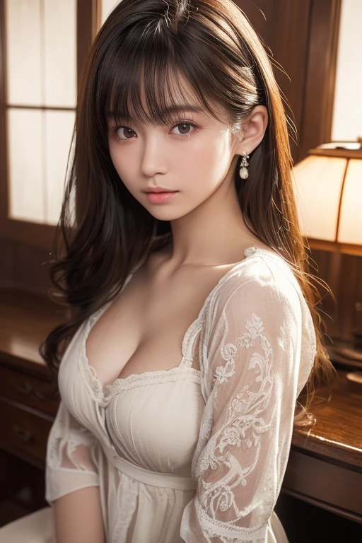 ((Highest quality)), ((masterpiece)), ((One Girl)), alone, ferry, ((Long Hair)), ferryBase, ((Knee socks)), Full nudity, From behind. (16K, Surreal, masterpiece:1.30), Professional photography, Written boundary depth, Deep Shadow、Cinema Lighting, Soft Light, (Super detailed beautiful faces:1.7), ((Super detailed beautiful slim body:1.4)), ((Very detailed, symmetrical brown eyes, eyelash, double eyelid, Very detailed beautiful eyes:1.4)), ((Super detailed beautiful lips, Lip gloss, Super detailed, Beautiful porcelain skin:1.4)), ((Very detailed and beautiful hairstyle,, Asymmetrical bangs:1.4)), ((Perfect Anatomy:1.15)), Beautiful Japanese female idols, (Super detailed, sparkling oily skin:1.5), (View your audience:1.3), ((Super detailed beautiful breasts, E-cup cleavage:1.4)), small diamond earrings, small diamond necklace, (Deep V-neck),
