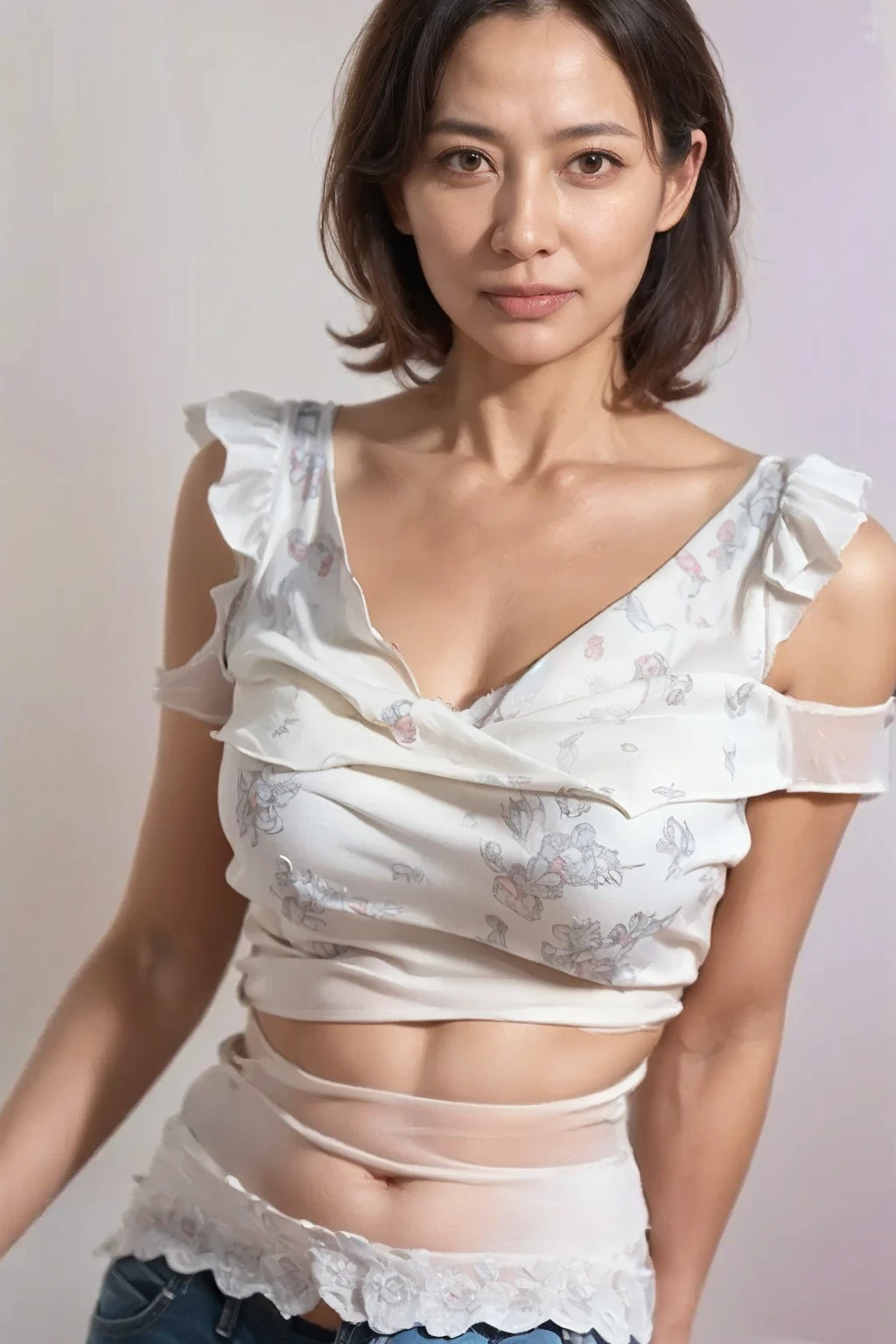 Ultra-high resolution, highest quality,Realistic, photoRealistic、Beautiful Eyes、Beautiful Face、sexy 40 yo beautiful japanese woman, Beautiful smile,short hair,Beautiful mature woman、Sophisticated and Modest Clothing for a 40-Year-Old Woman、 Large Breasts、Emphasize cleavage、
standing full body shot、Edited by Banst、Wearing high heels、Black tight skirt、Mesh sleeveless blouse、Photographed from the front、Earrings,