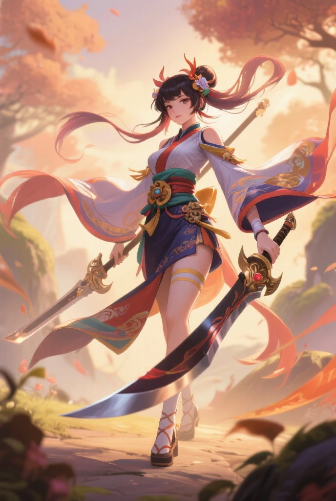 a beautiful black woman with two swords in a black and white forest with falling red leaves, samurai art, black anime art, cinematic shot, 8k, ultra HD --auto --s2