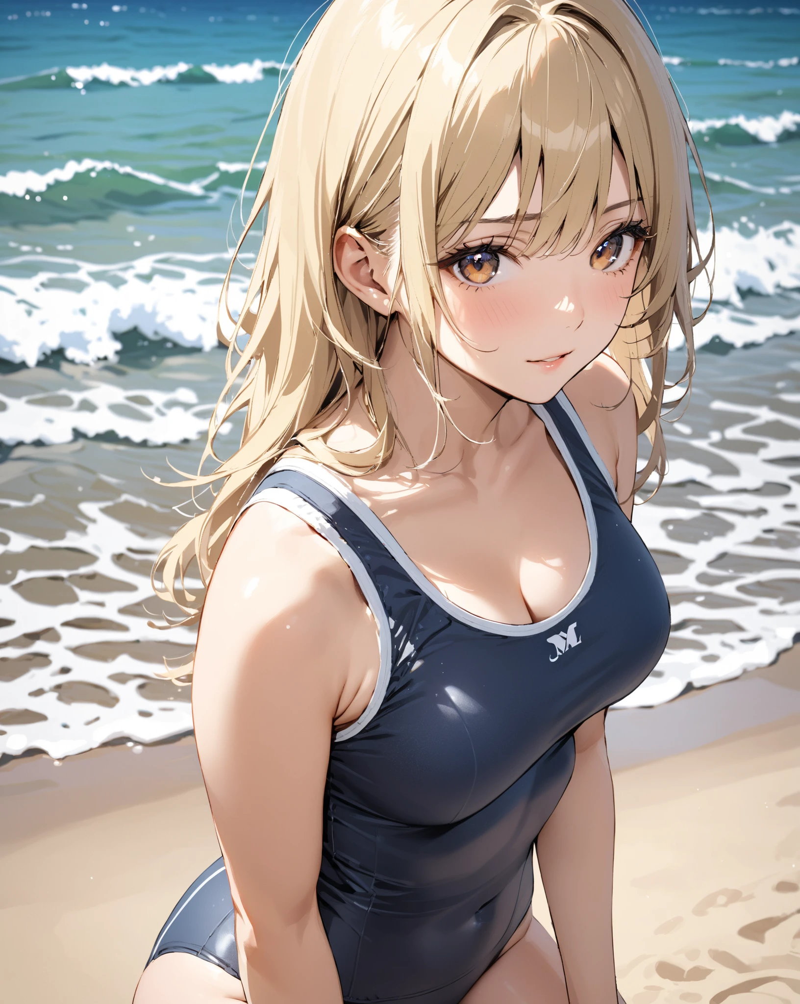 masterpiece, best quality, highly detailed, ultra high res, illustration, ayase arisa, 1girl, solo, blue eyes, hair ornament, blonde hair, long hair, blush, glossy lips, cheerleader, midriff, cleavage, (quicksand:1.3), (tears)