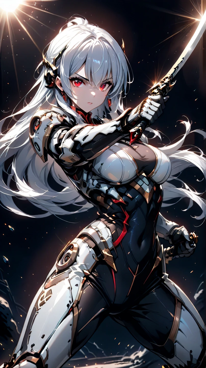Highest quality 8K UHD、silver metallic bodysuit、silver body tights、Shorthai、Upper Body Up, dusty. Dusty red eyes, silver long hair, straight haircut, straight bangs