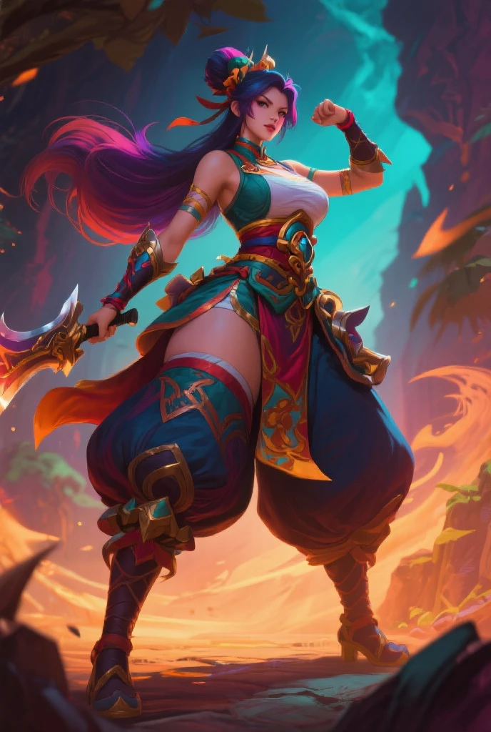 (((Afro-Japanese short female fighter wearing a wrapped crop top and long Arabian green and red traditional clothes.
Black skin. Afro-shaped lips. Shining blue eyes.)))
Serious face.
Mad smile.
(((Japanese headdress. Little Egyptian golden crown. Long multicolored rastafari hair.)))
(((Masterpiece.)))
(((Muscular and feminine body. Strong legs. Tight belly.)))
(((Fingerless wrapped scratched gloves. Wrapped Arabian tribal mini skirt. Red and blue Persian shoes.)))
(((Purple fishnet stockings.)))
Perfect body proportions.
(Akira Toriyama + Comics) style
Strong lighting and shadow.
Full body only.
Epic image.
Dynamic victory pose.
Back view.
