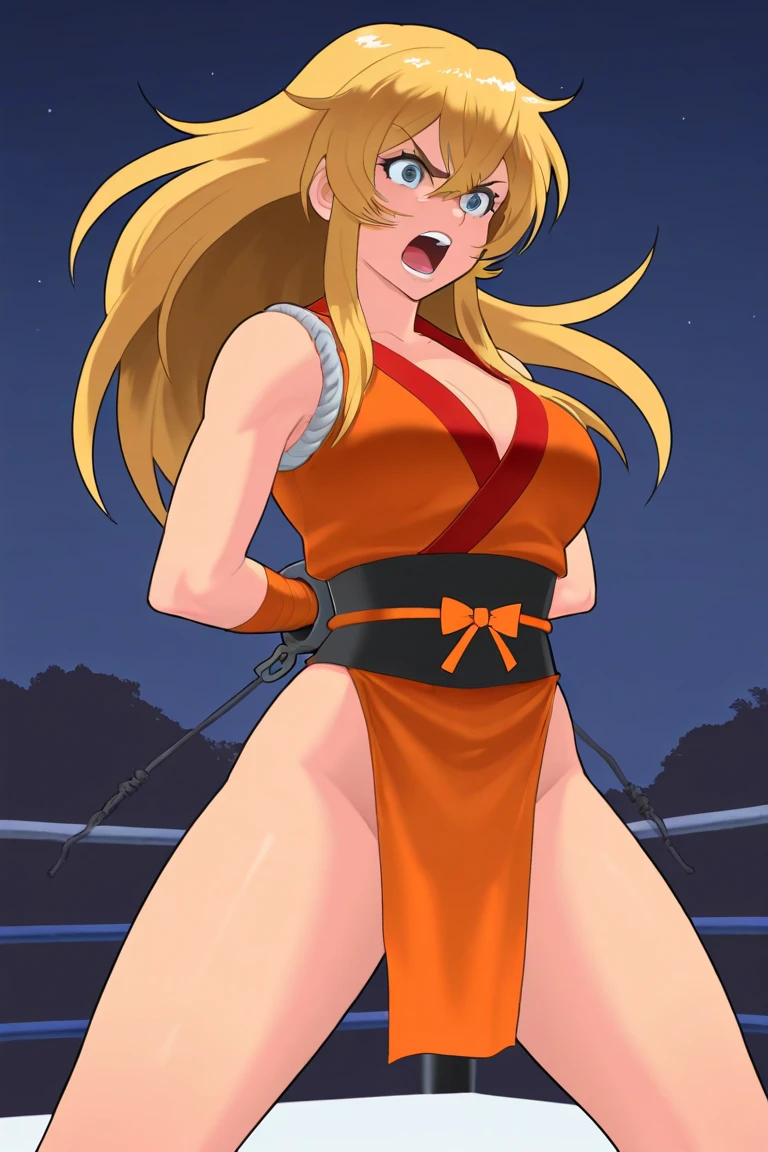 masterpiece, high resolution, best quality, beautiful art, 1 woman, solo, Tiffania Westwood, elf ears, mature woman, big breasted, cleavage, cosplaying as Mai Shiranui, sexy Japanese clothes, pelvic curtain, full body, sexy legs and thighs, fighting in combat, fighting in a sparring, sparring with the viewer, showing her fighting skills, smiling joyfully, being confident and proud,  bouncing breasts, action scene, sexy moves, beach environment 
