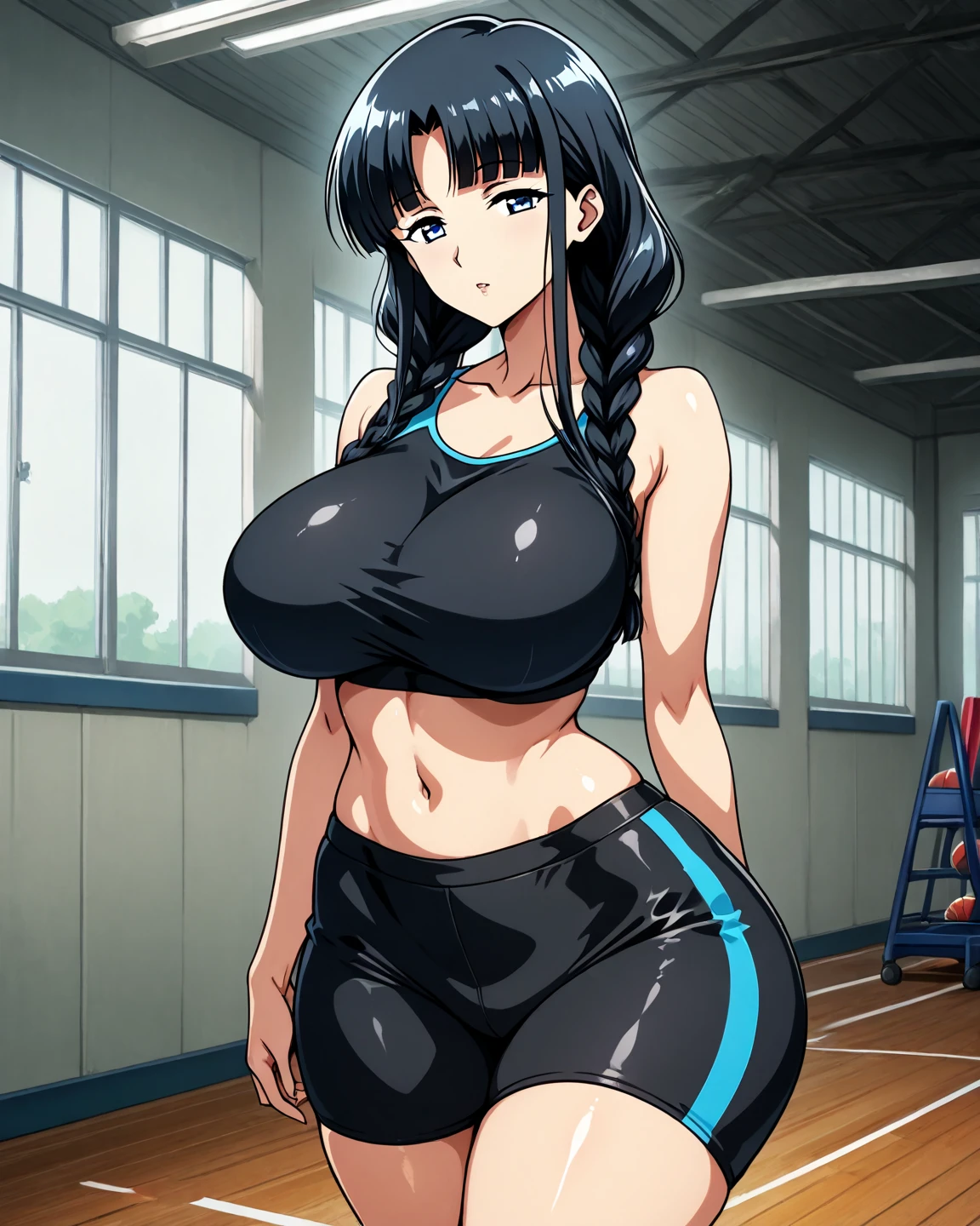 Super-detailed, 8k HD, Momo Yaoyorozu (My Hero Academia), 1 girl, solo, long black hair, detailed hand and face, busty body, curvy body, big breast, large butt, slender abs, crop top and hot pants, jacket, walking around the pool