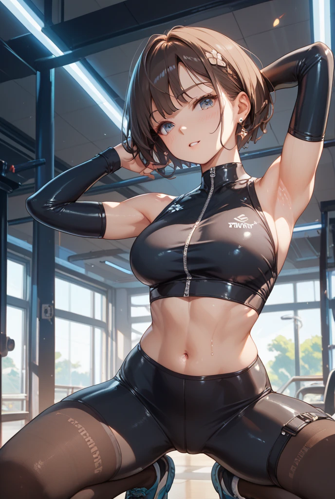 anime screencap, city, 1girl, solo, short hair, black hair, purple eyes, looking at the viewer, hair between eyes, closed mouth, smirk, top, lower chest, sleeveless, short sports shorts, female groin, bare legs, big ass, chubby legs, cum bathed, cum on hair, cum glass cum