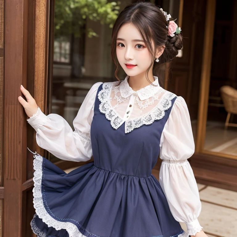 very cute and beautiful japanese teen actress,(highly detailed beautiful face),(smile:1.2), black hair,looking at viewer,elegant pose,beautiful legs,cowboy shot, floral pattern blue lolita dress with detailed frills, flower garden,elegant wooden arbor,shrubbery, (best quality,masterpiece),absurdres,highres,ultra-detailed,extremely detailed,32k,8k resolution, intricate details,cinematic scene,detailed background,solo,dynamic angle,