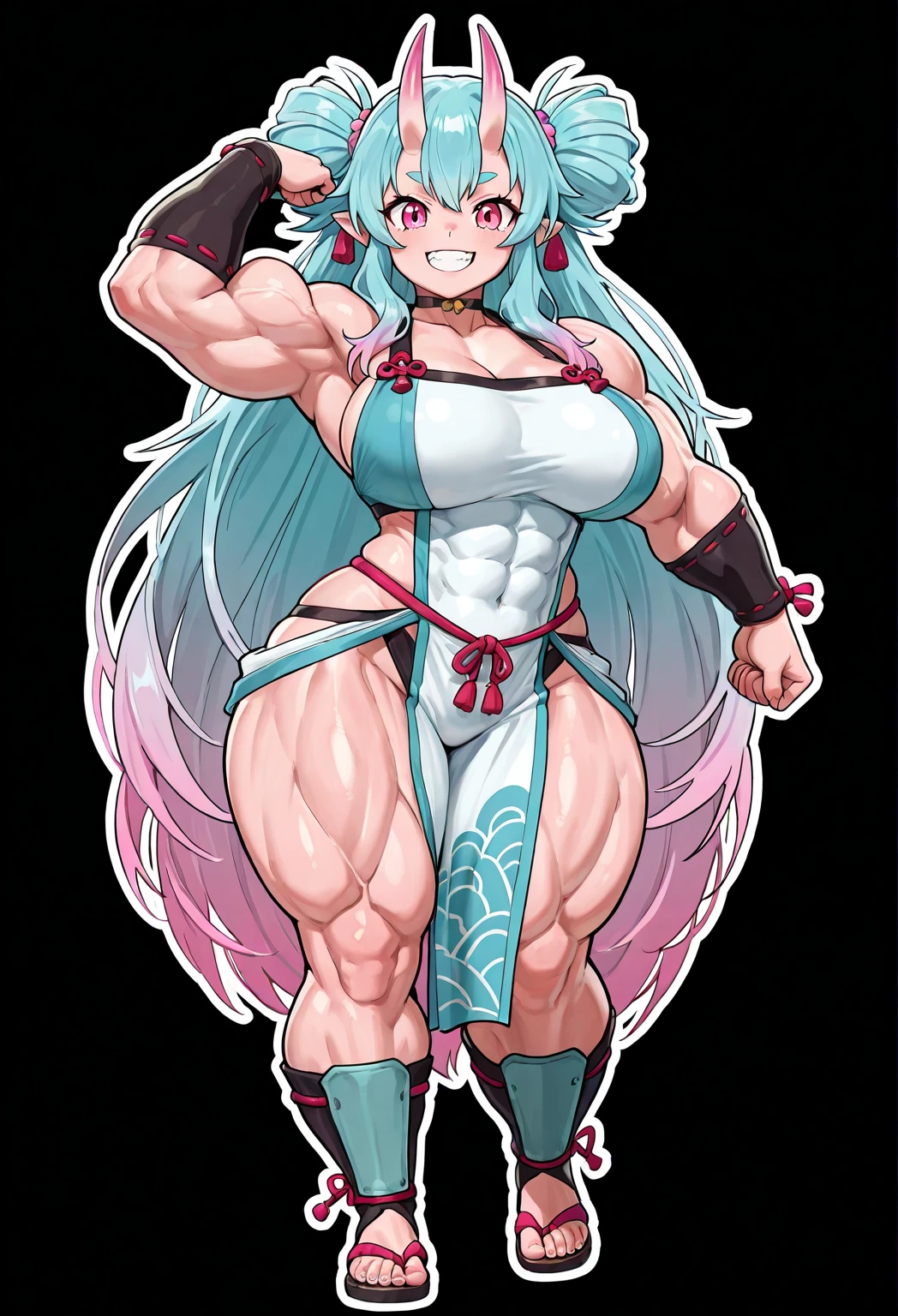 (((Plain background 1:2))) (masterpiece, high quality: 1.1) 1girl full body standing, hairstyle with a braid, white colored hair, yellow eyes, perfect lighting, muscular, thighs, mature woman, mummy, bellybutton, abs, looks at the viewer smile RED CHEEKS, extremely huge breasts, maternal, porcelain skin, extra very long hair, sparkly skin, good face, chest cover, HANDS ON HIPS
