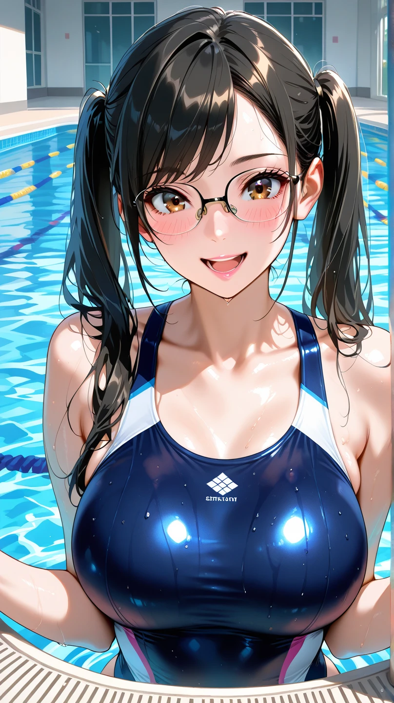 masterpiece, best quality, highres, aachizuru, long hair, twin braids, twintails, glasses, collarbone, pool,swimsuit,leotard,smile