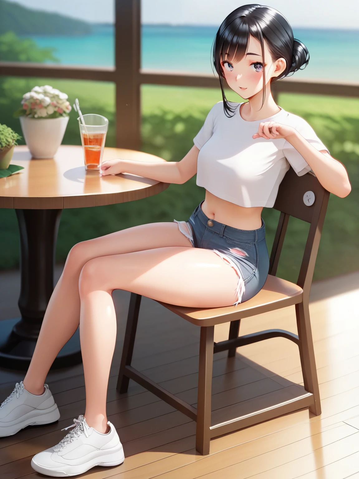 score_9, score_8_up, score_7_up, score_6_up, score_5_up, score_4_up, anime,nsfw, uncensored,anime girl,correct anatomy,female, 5, Fair skin, fine eyebrows, long black hair, pale pink sideburns, Height: 138cm, 45 kg, Petite,Baby Face, shape,skinny,( thin hands and feet:1.2), beautiful figure , beautiful leg, size 32/24/32, cupAA, wearing a pink short sleeve tight crop top, Vintage style ripped denim low leg shorts, white sneakers, sitting in a white wooden cafe decorated with small pine trees, the vibe is starting to darken, The sunlight is ,beautiful light,