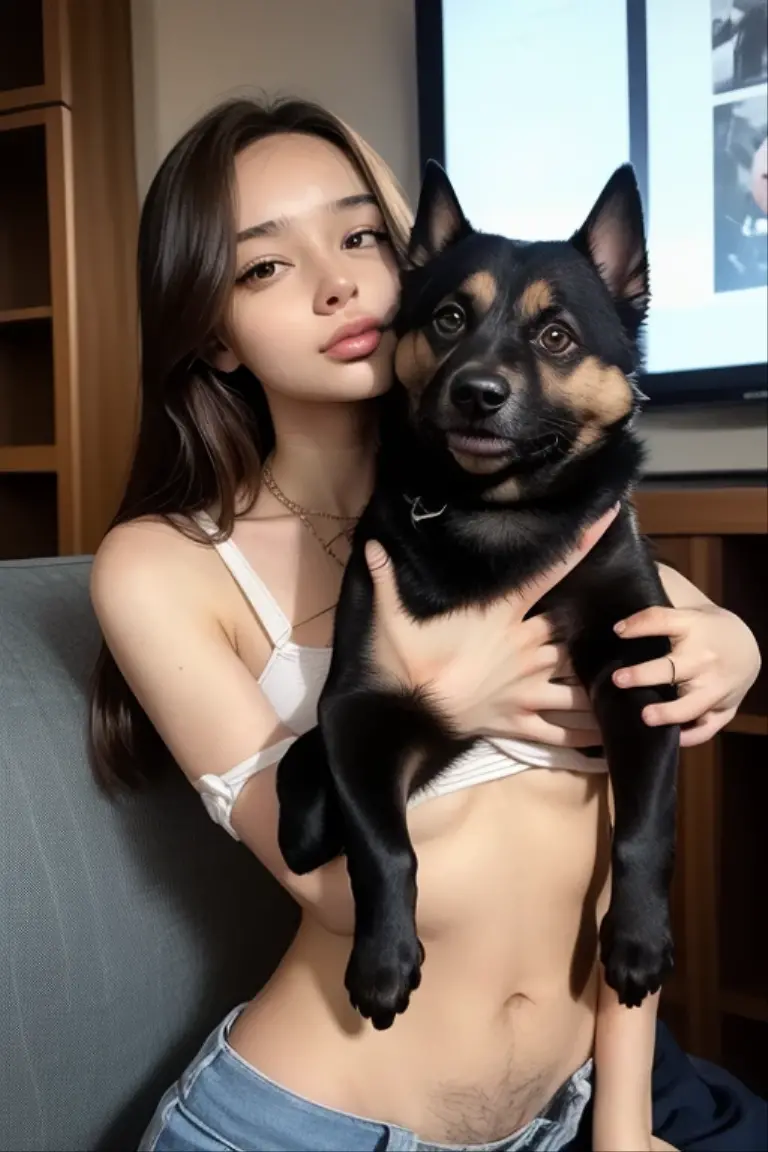 1 girl, nude,medium black hair, green eyes, dog ears, dog ears, Holding a puppy,whole body,