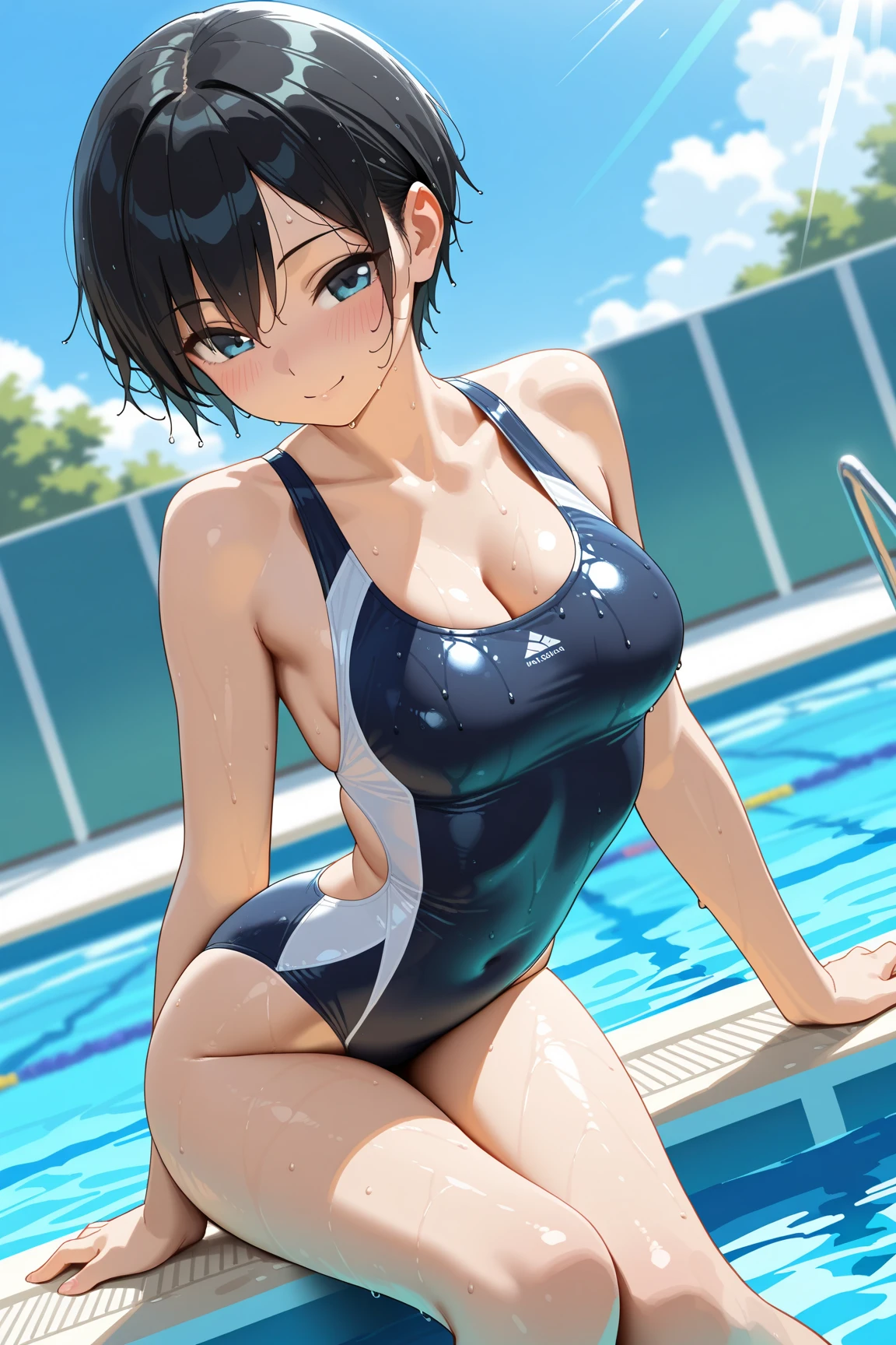 masterpiece, best quality, ((beautiful detailed eyes):1.3), , blue eyes, black hair, short hair, blue hair ribbon, blue headband,breasts booght brilt shiny competition swimsuit:1.2, plunking neckline, plunking navel, cleavage)), ((extremelte and beautiful fabric):1.3), ((looking at the camera)), ((camera angle from behind)),(((((on all fours))))), seductive orgasm smile, blush, slender, (indoor pool, pool lane, swimming pool, competition pool, pool starting block, swimming building, water, water surface, daytime, window, sunlight, (in the pool):1.2), very clear, ((masterpiece, best quality, ultra-detailed):1.5), ((an extremely delicate and beautiful)), ((((illustration)))), (realistic:0.6), (extremely detailed skin), ((ultra-detailed:1.35)), (detailed pussy:1.2), (detailed nipples:1.2), led fingers, absurdrescate, (1girl), ((solo)), ((glistening skin)), (((oily skin))), ((wet skin)), Close mouth,