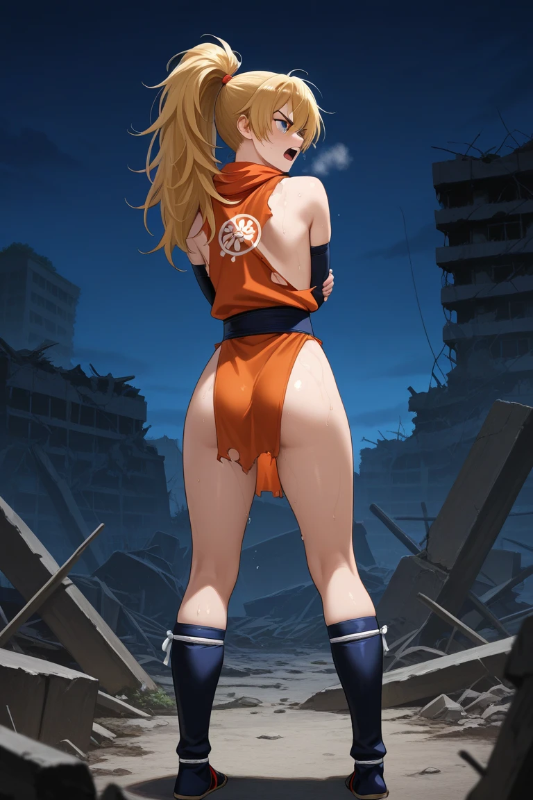 chica hermosa ,cuerpo completo desnudo, Bigger than the building,Chaqueta sin cordones con camisa blanca ,corbata azul,pelo blanco,orejas de lobo,ojos rojos claros,A cold expression, edificios destruidos, Sentarse en un edificio destruido, como giganta, Pupilas brillantes, Sonrisa, Cara traviesa, alta calidad, detalles altos, anatomically correct, piel texturizada,Los pies emiten vapor,pies arriba,