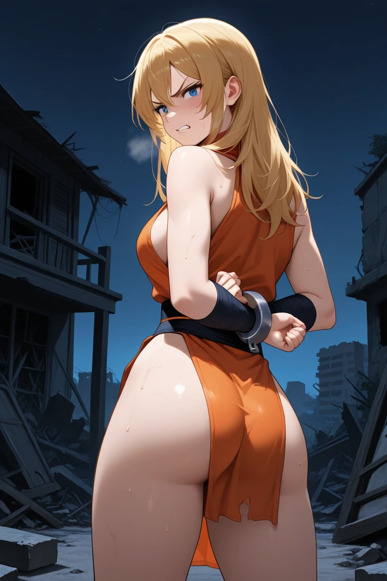 best quality, 4k, ((master piece)), extremely detailed, 8k, Trending in ArtStation, intricate, very high detail, sharp focus, detailed backfloor, (Fantasy City: 1.4), Roof, 1girl, floor, navel, (hair blonde), red eyes, hair bow, red scarf, braid, short hair, small breasts, Looking at the Viewer, smile, midriff, blonde hair, {{{very short and sexy bikini}}}, ((((wearing panties very short black)))), Gloves, brown Gloves, (muscular legs), (((showing her ass to me)))