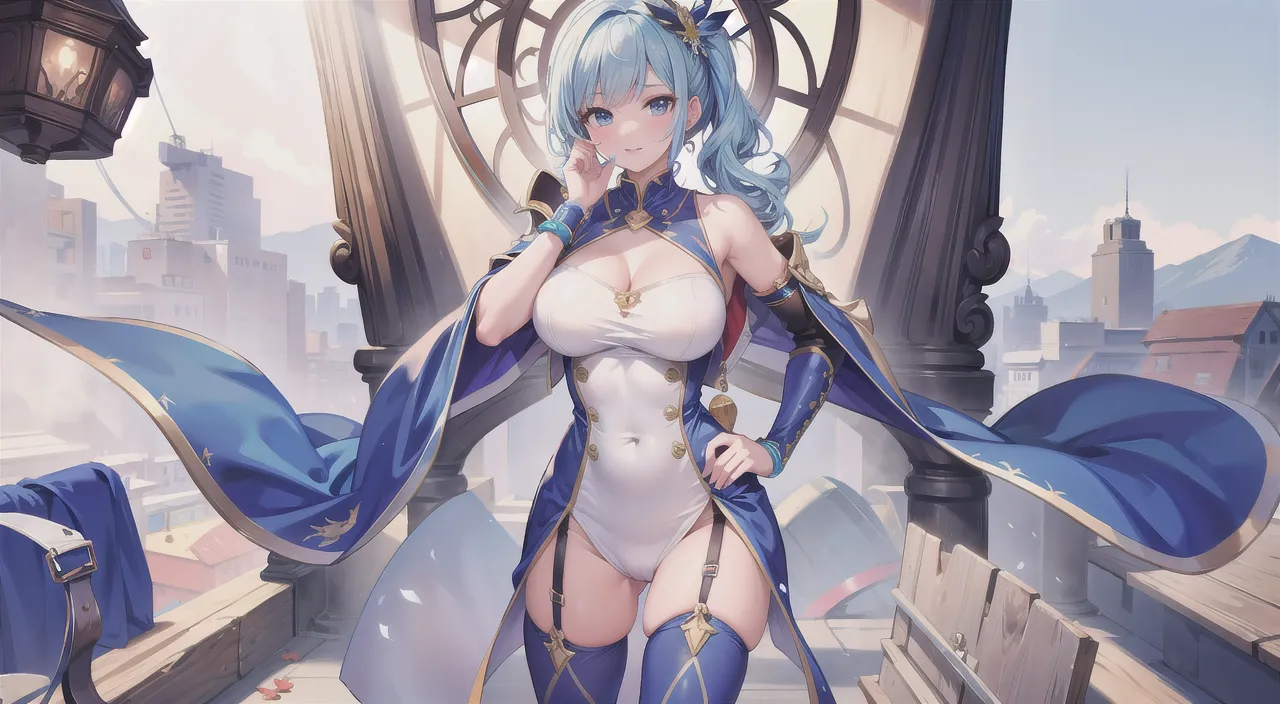 best quality, high resolution,Become a, cityscape, night,Looking at the audience, blue eyes,Short skirt,Medium-length white hair, Blue Hair,cape, White pantyhose,snowflake, Floral, jewelry, gem,shining, Thigh straps,huge 、huge breasts,4K screen,Dance,Showing breasts
