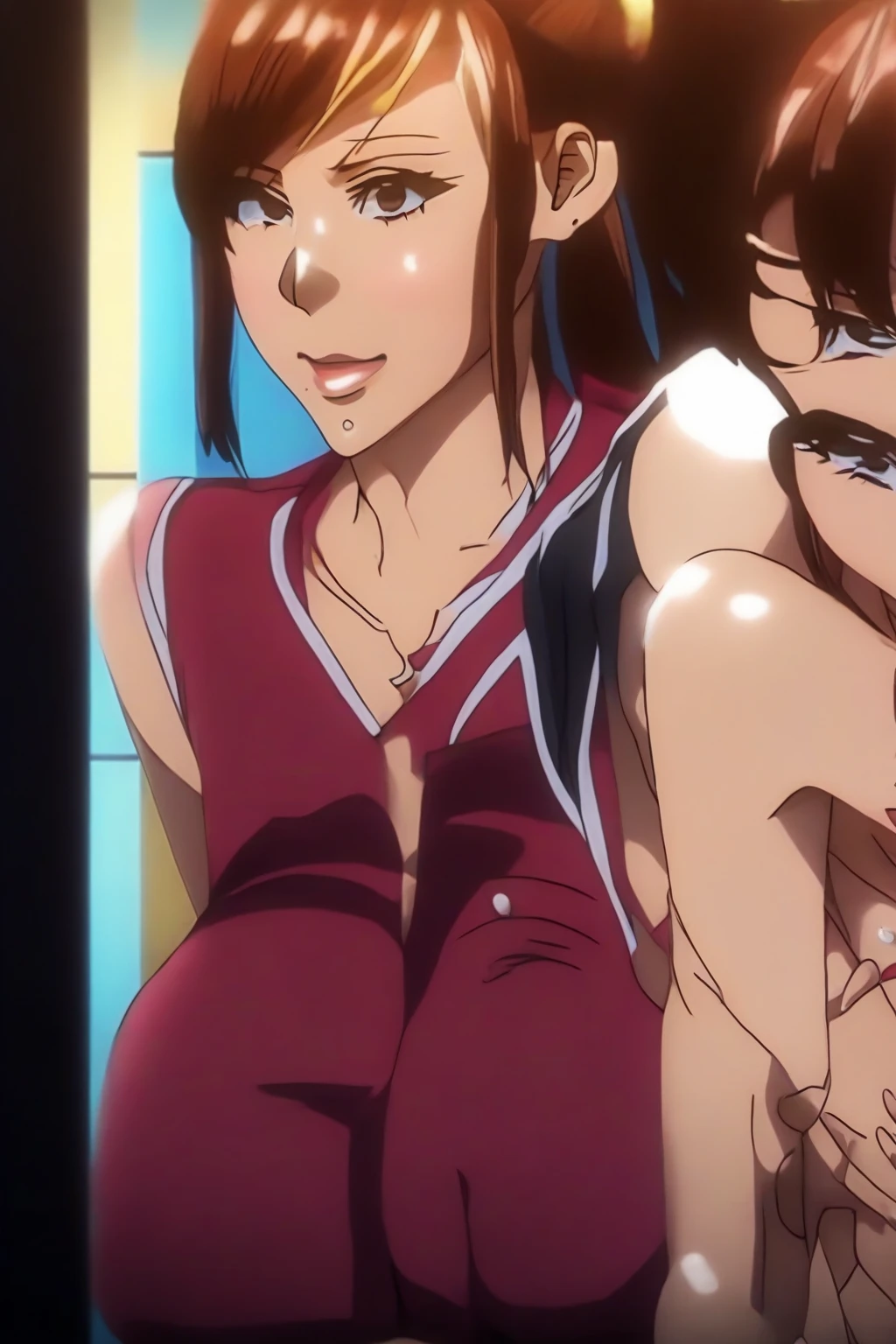Masterpiece, anime style, 1girl, mia rodriguez, red shorts, arm band, round shoulders, topless, shirtless, nipples, huge breasts, seductive, lying on back, eyes closed, shy, ground, floor, basketball court,( 1boy, faceless male, out of frame, breast grab)
