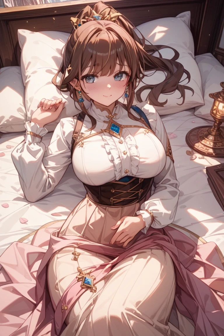 Lisa, genshin impact, 1 girl, alone, huge breasts, cleavage, hair between eyes, messy hair, large chest, long hair, looking at the viewer, brown hair, red short nails, green eyes, alone, thick thighs, maid dress, maidフク, maid, skirt, stockings, ribbon, maid uniform, is falling down, bedroom, bed, pillow, window, night sky, blush, shy