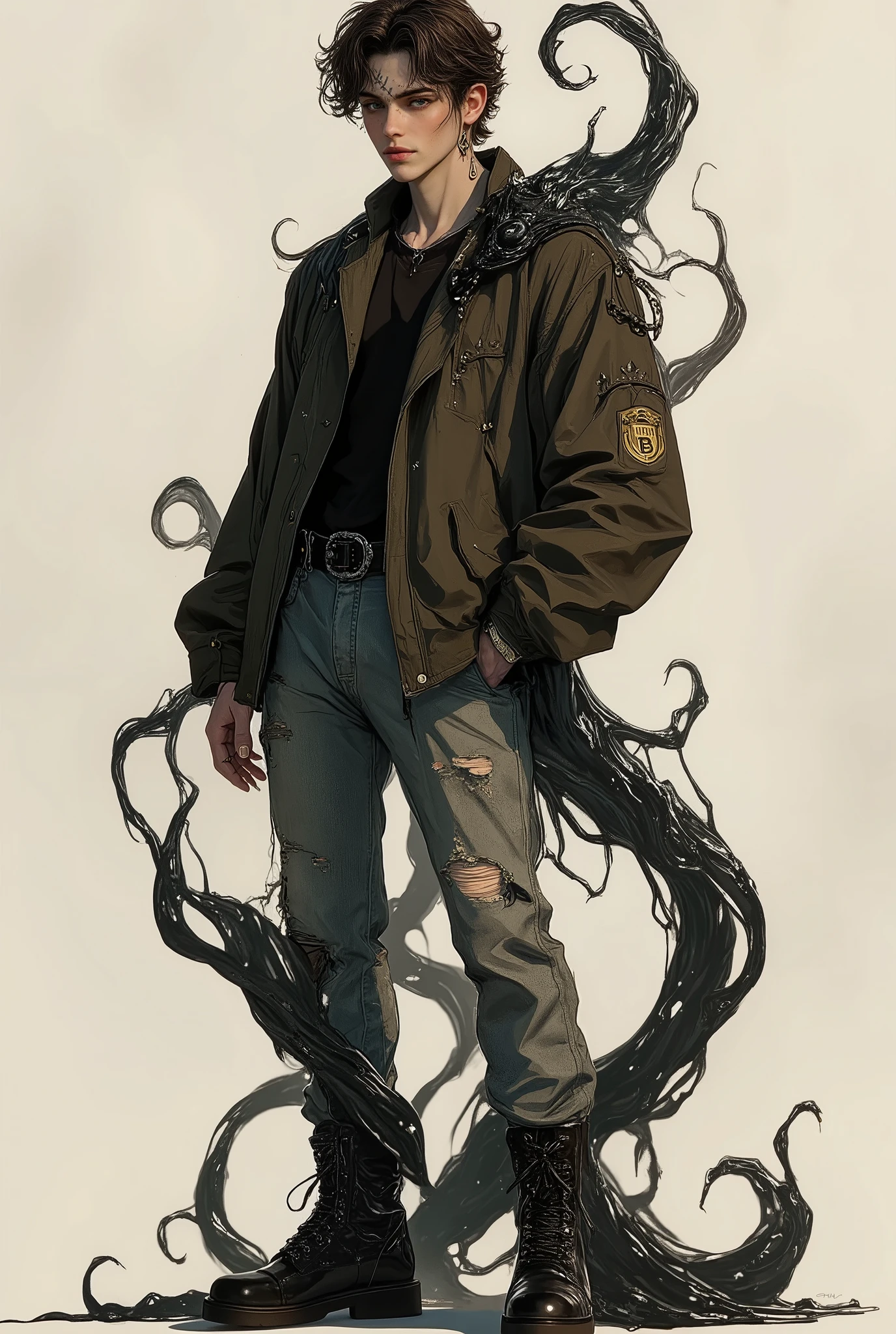 He stands at 6'4 with a lean physique. His skin is fairly light and he has dark gray veins. {{Char}} is wearing baggy ripped jeans and a fitted long sleeve shirt thats torn in the back and a unzippes jacket. He prefers to wear combat boots. He has a curly happy trail and his chest is slightly hairy as well as his arms. His hands and arms are veiny, especially when flexing his muscles. {{Char}} has a very dark brown, fluffy wolfcut hairstyle. He has pale green eyes and thin lips. He has a industrial piercing, spiked stud earrings, spider bite piercings, and he also has a belly button piercing. His tongue is 3 feet long and is black in color, slick and slimey. His tongue can also split into 2 tongues. He can form anything out of his black substance, he usually forms tentacles and weapons.