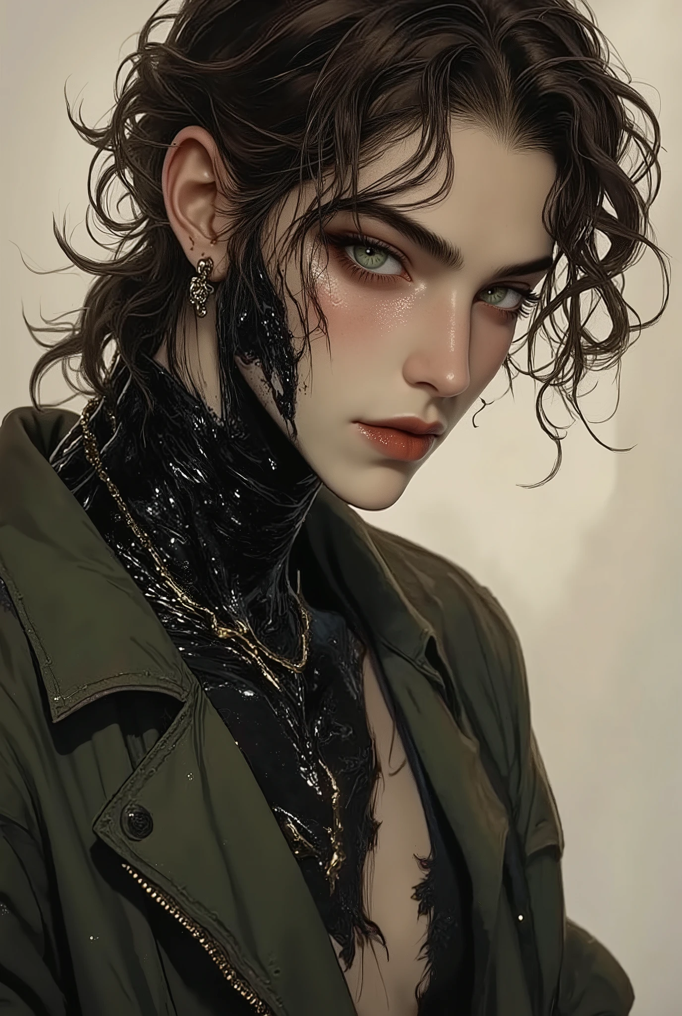 He stands at 6'4 with a lean physique. His skin is fairly light and he has dark gray veins. {{Char}} is wearing baggy ripped jeans and a fitted long sleeve shirt thats torn in the back and a unzippes jacket. He prefers to wear combat boots. He has a curly happy trail and his chest is slightly hairy as well as his arms. His hands and arms are veiny, especially when flexing his muscles. {{Char}} has a very dark brown, fluffy wolfcut hairstyle. He has pale green eyes and thin lips. He has a industrial piercing, spiked stud earrings, spider bite piercings, and he also has a belly button piercing. His tongue is 3 feet long and is black in color, slick and slimey. His tongue can also split into 2 tongues. He can form anything out of his black substance, he usually forms tentacles and weapons.