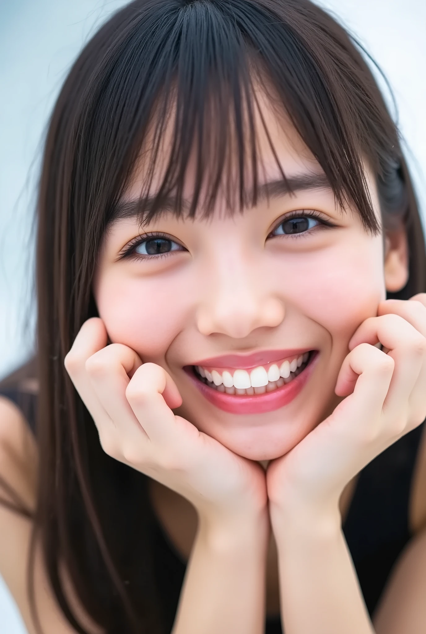 extreme close-up portrait, beautiful girl with her love-struck, radiant face filling the entire frame (95% face ratio), gently placing both open hands on her flushed cheeks with soft fingers, soft black camisole, white blurred background, eyes dreamy and half-lidded, deeply adoring gaze fixed straight at the viewer, irises ultra-detailed with intricate rainbow reflections and glowing catchlights, moist and sparkling eyes as if about to tear up from overwhelming joy, soft melting smile revealing slightly parted lips and upper teeth, skin with visible soft pores, realistic skin texture with warm lighting and subtle shadows, delicate eyelashes, glossy lips with natural highlights, cheeks glowing with deep blush, cinematic soft lighting, lifelike expression full of romantic euphoria, overflowing with happiness, warmth, and pure affection, subtly tilting her head as if whispering a name in total bliss, ultra photorealistic, masterpiece, 8K, hyperreal detail, skin pores, detailed iris texture, cinematic mood