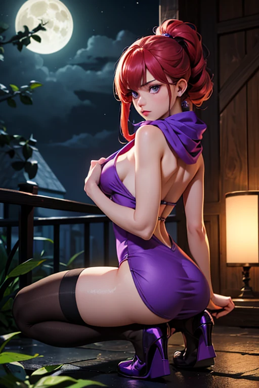 anime, woman, beautiful, kneeling, dark red hair, purple eyes, purple eyeshadow, dark red lipstick, perfect breasts, revealing bra, thong