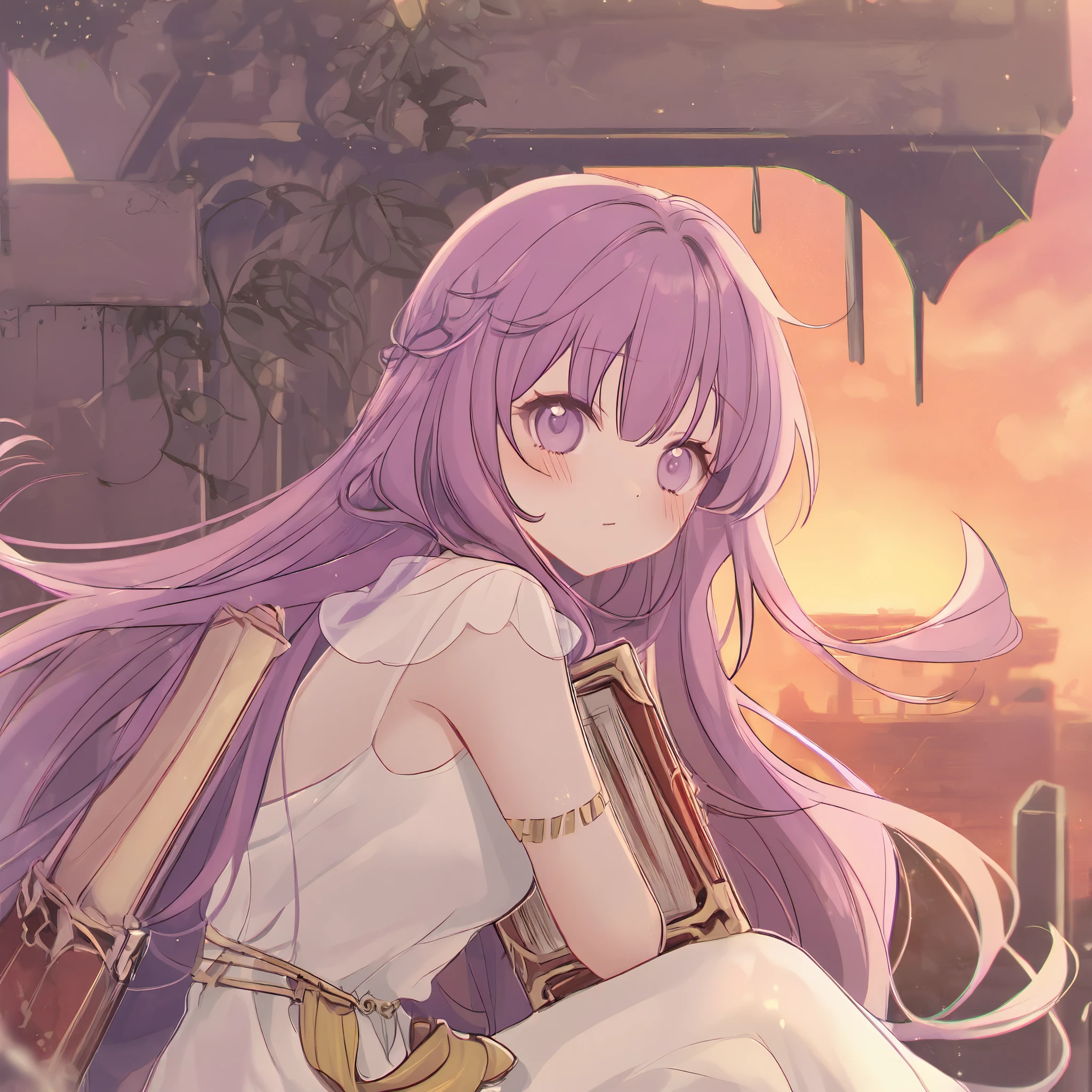 HIGH-resolution. Wallpaper of a cute girl up body, and long purple hair with bangs. Hair bangs. Holding a book. The universe on her eyes eyes. . slightly side view. wearing a white dress. Atens acropolis ruins background ate the sunset.