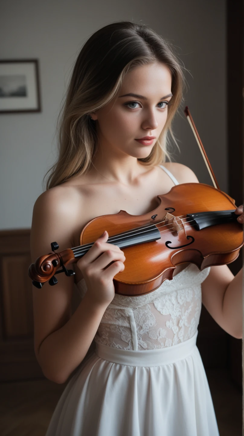 Beautiful German woman, dressed in a beautiful dress with lace on the chest; she is in a concert hall playing the violin; while she all she has expressions of a musical orgasm; her eyes are blue; she has beautiful full lips and rosy cheeks; masterpiece; 8k; fine details in the woman; fine details on your violin