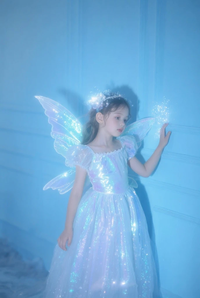 1 girl, transparent fire, blue butterfly, pure white gauze skirt, sparkling