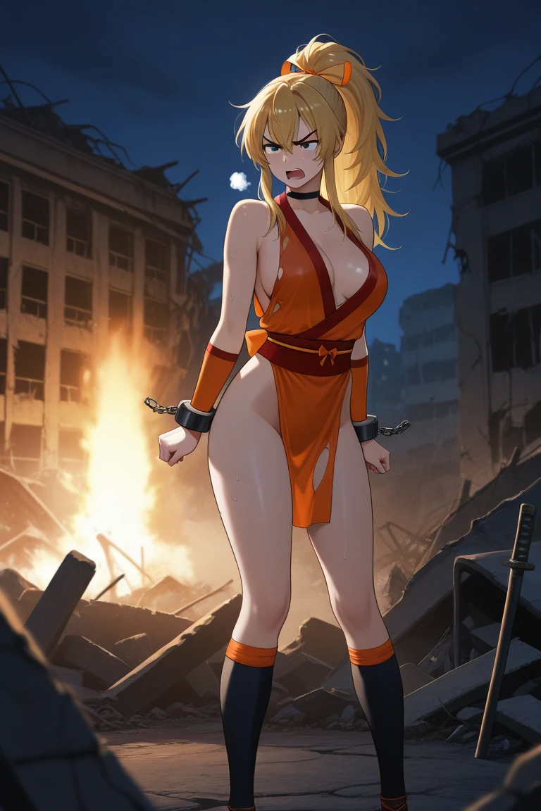 The Ino of the anime Naruto Shippuden)))), beautiful blue eyes, big chests, sensual, standing on a street of a destroyed city, lightning coming out of the hands and eyes, fire, dust everywhere, destruction, super realistic, well detailed face without distortions, epic image in the best possible resolution, 8k, very realistic, depth of field, a work of art,  portrait style