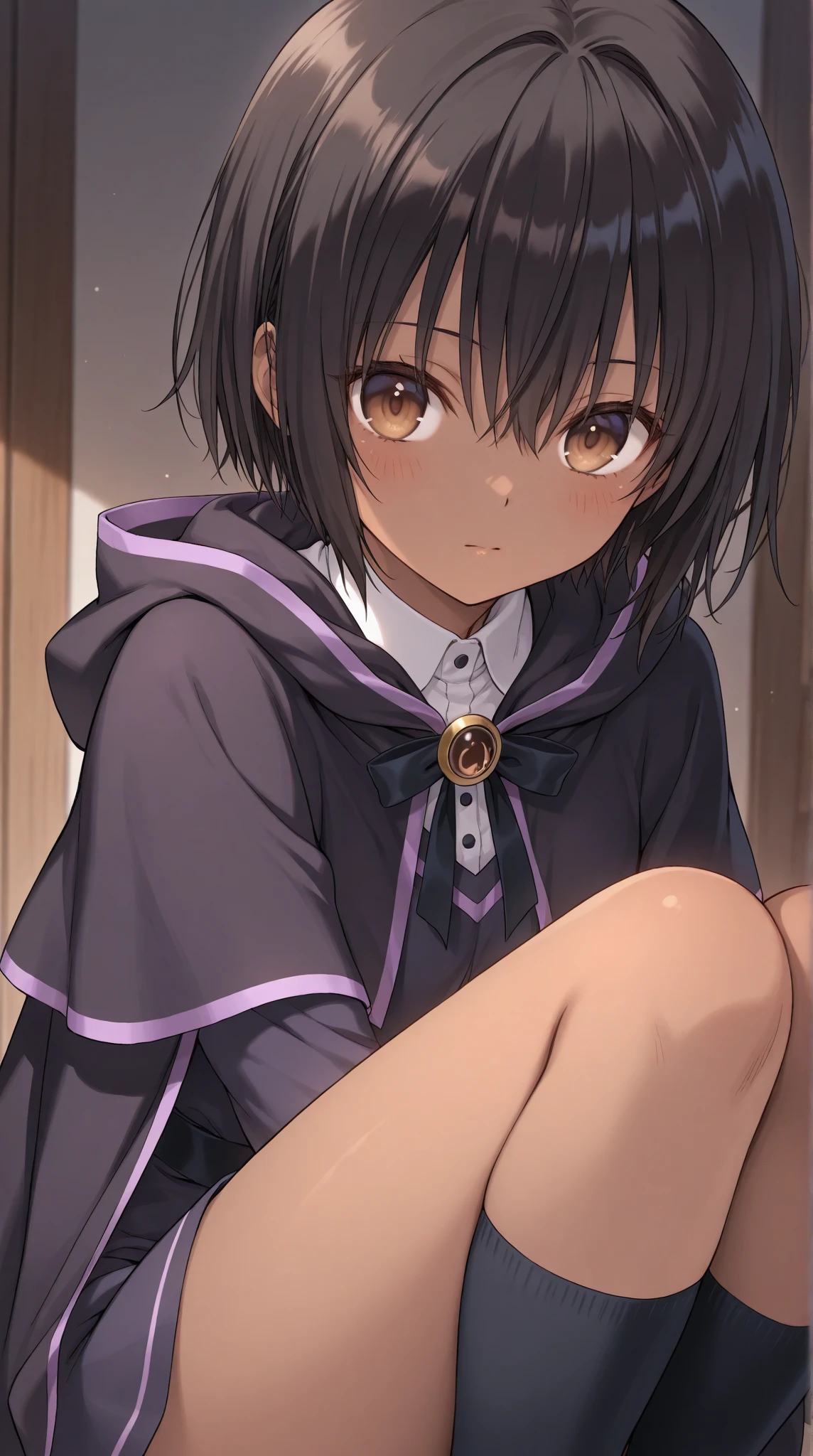 Anime, (Ellen 18-years-old, short dark layered hair, Brown-eyed, small breast:1.0), hair clips
Mage outfit, spread legs, sitting, embarrassed, groin ,