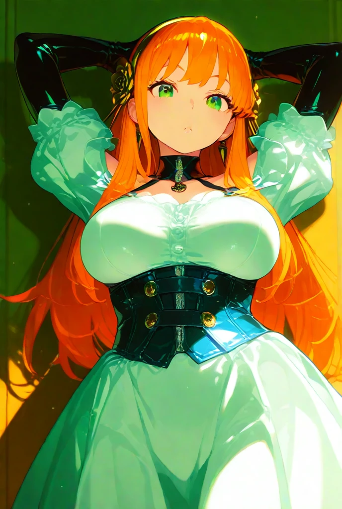 (masterpiece, highest quality:1.2), highest quality, masterpiece, high resolution, Anime style, portraiture, long hair, ash ginger hair, redhead hair, oversized coat, right green eyes, ((big breasts, huge breasts, large breasts, ample breasts)), magic, magic square, magician, almond-shaped eyes, in a bad mood