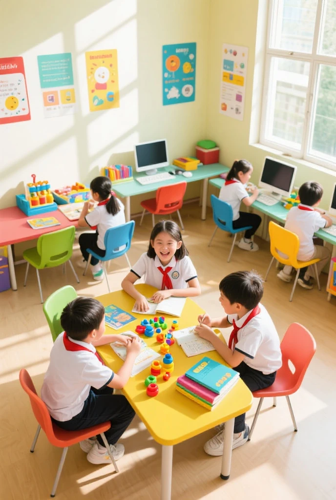 Can you create a pic robot teach a children all children in classroom . Robot teach in stand a board and teach