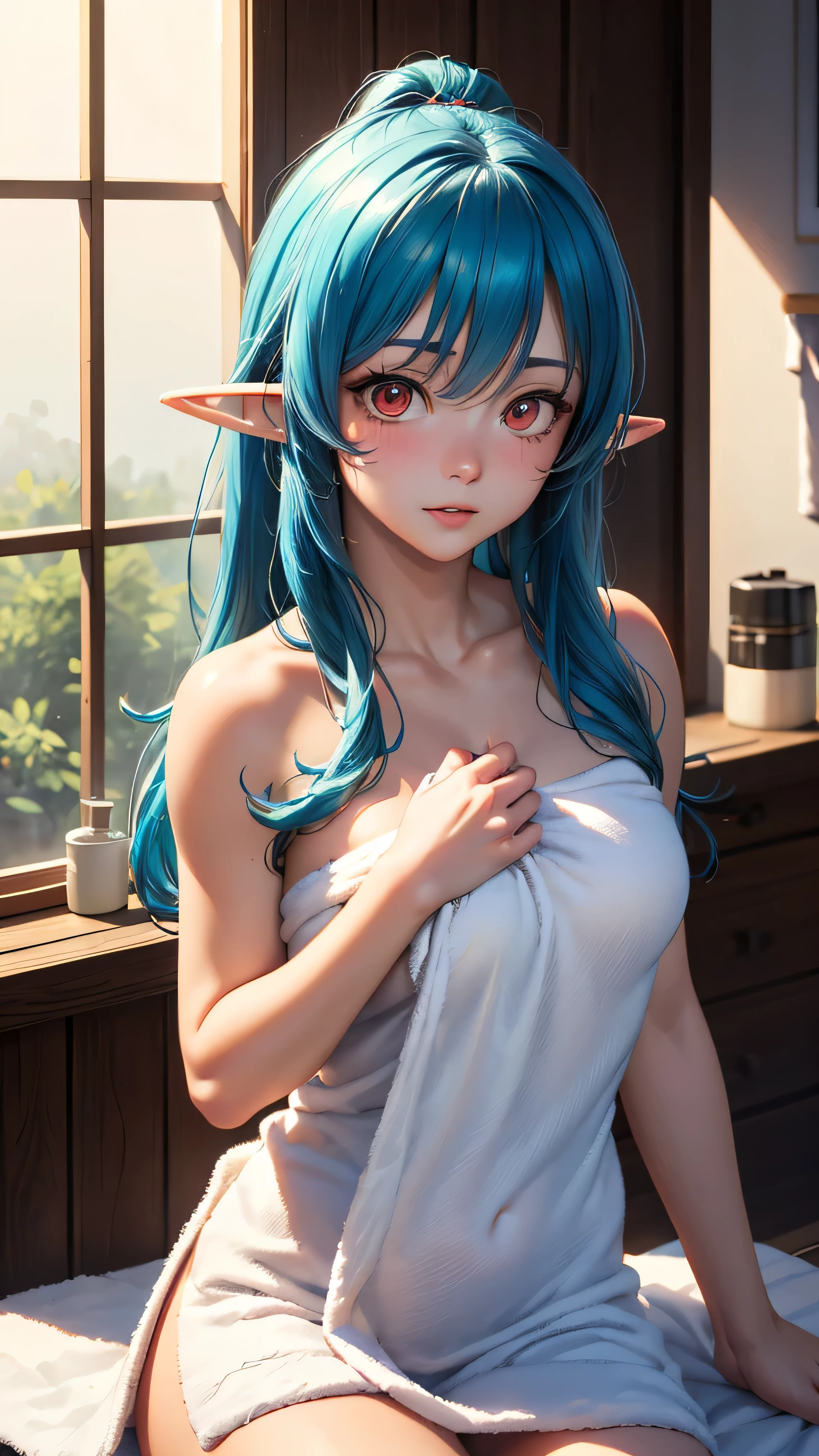 moody lighting, beautiful elf woman, (platinum blue hair), ((very long hair)), perfect face, innocent smile, (red eyes), (naked), (petite), (slender), ((flat chest)), ((18 years old)), skindentation, extreme detail, attractive oval face, pink lips, pink nipples, glossy skin, detailed hair, face focus, close-up chest, gold ornamental necklace, earrings, (1 girl), blush, embarrassed expression, ((facing viewer))