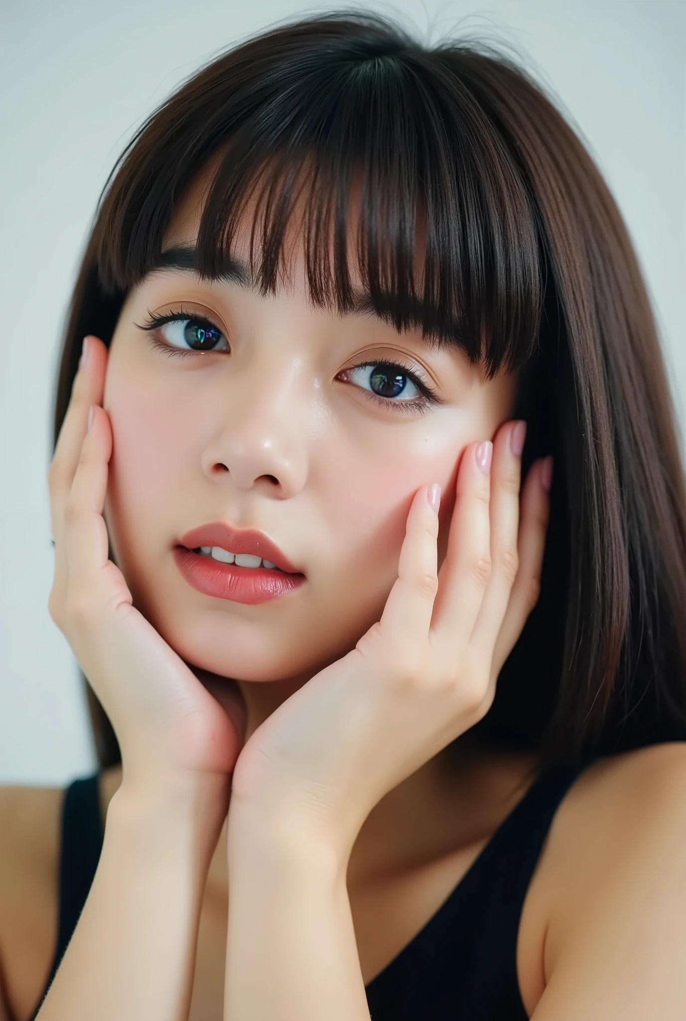 extreme close-up portrait, beautiful girl with her love-struck, radiant face filling the entire frame (95% face ratio), gently placing both open hands on her flushed cheeks with soft fingers, soft black camisole, white blurred background, eyes dreamy and half-lidded, deeply adoring gaze fixed straight at the viewer, irises ultra-detailed with intricate rainbow reflections and glowing catchlights, moist and sparkling eyes as if about to tear up from overwhelming joy, soft melting smile revealing slightly parted lips and upper teeth, skin with visible soft pores, realistic skin texture with warm lighting and subtle shadows, delicate eyelashes, glossy lips with natural highlights, cheeks glowing with deep blush, cinematic soft lighting, lifelike expression full of romantic euphoria, overflowing with happiness, warmth, and pure affection, subtly tilting her head as if whispering a name in total bliss, ultra photorealistic, masterpiece, 8K, hyperreal detail, skin pores, detailed iris texture, cinematic mood