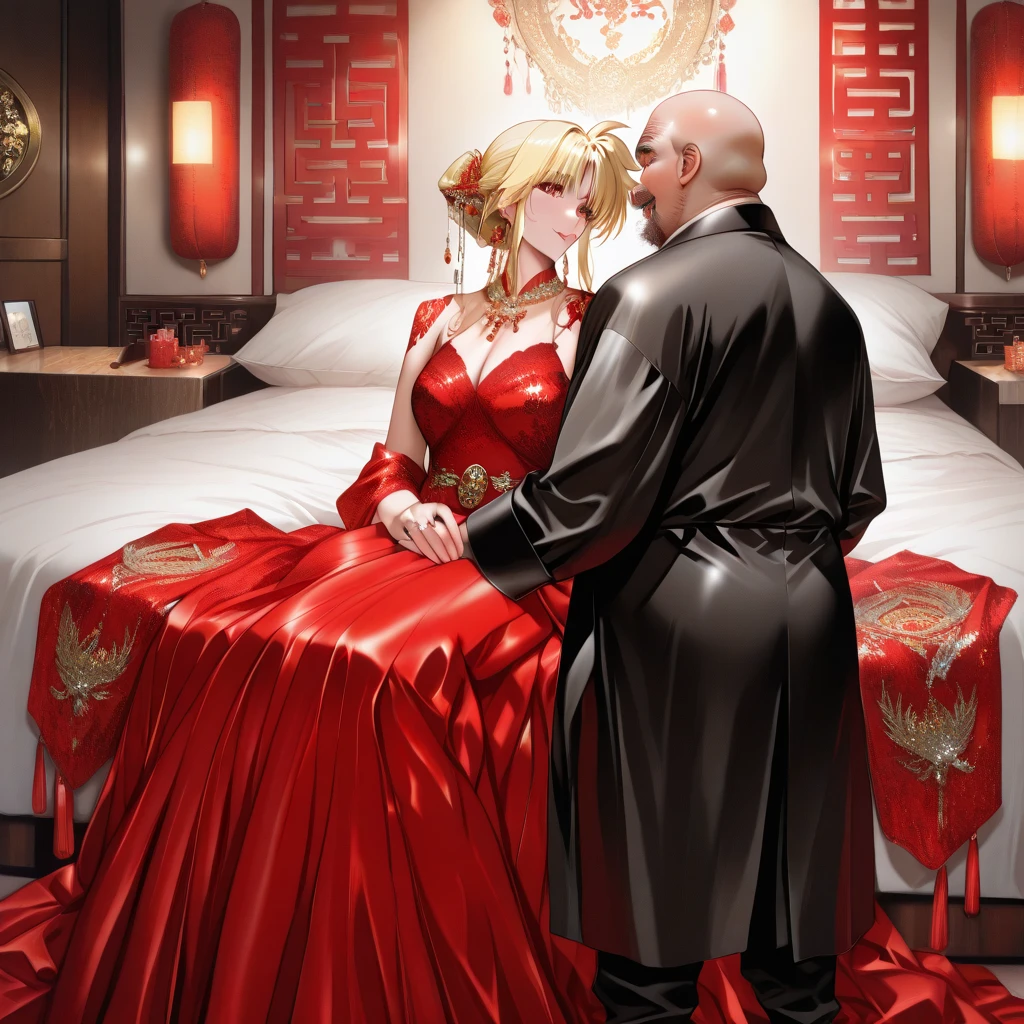Highly shiny embroidery、Princess in a cheongsam with a crumpled red long-sleeved raincoat、Having sex with the emperor while writhing around on the bed