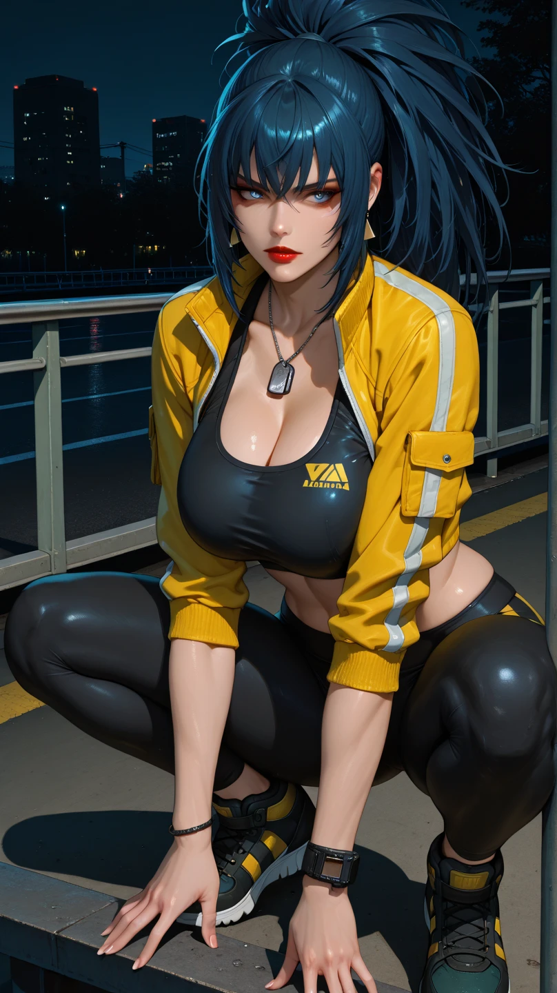 1woman, fit-muscled body, bright yellow eyes，dark blue hair , blue eyes, With round lenses, The audience watched carefully, (s face: 1.2), Perfect female figure, ((standing)), ((yellow Tight crop top leather suit)), ((shy and looking at viewert)), (Perfect thick white eyebrows)
BREAK bare shoulders,
BREAK looking at viewer,
BREAK outdoors, city,
BREAK (masterpiece:1.2), best quality, high resolution, unity 8k wallpaper, (illustration:0.8), (beautiful detailed eyes:1.6), extremely detailed face, perfect lighting, extremely detailed CG, (perfect hands, perfect anatomy),